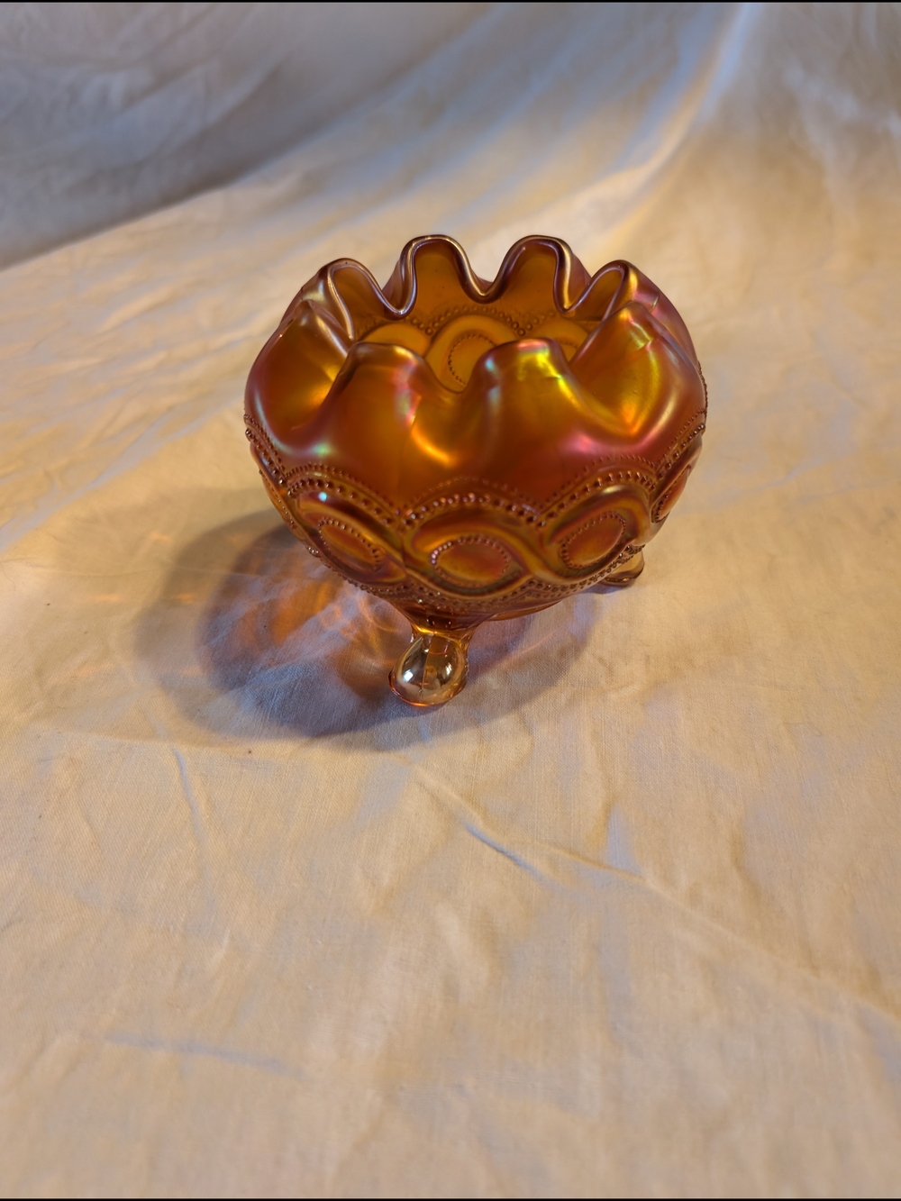 2/130$ Iridescent Amber Glass Footed Candy Dish
